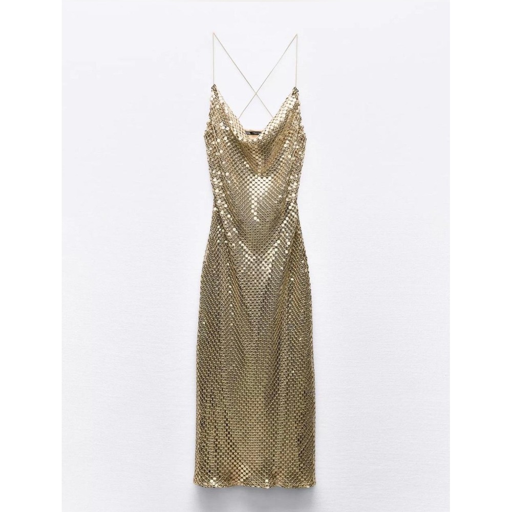 Zara Gold Sequin Mesh Chainmail Midi Dress Cowl Neck Open Back Womens Small